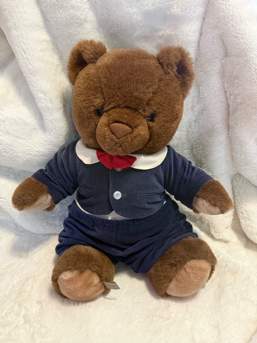 Rare Vintage 1980s 18” Caltoy Softsheen Plush Brown Teddy Bear in Navy Outfit